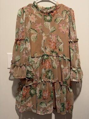Princess Polly Floral Tiered Chiffon Dress in Beige, Green and Pink